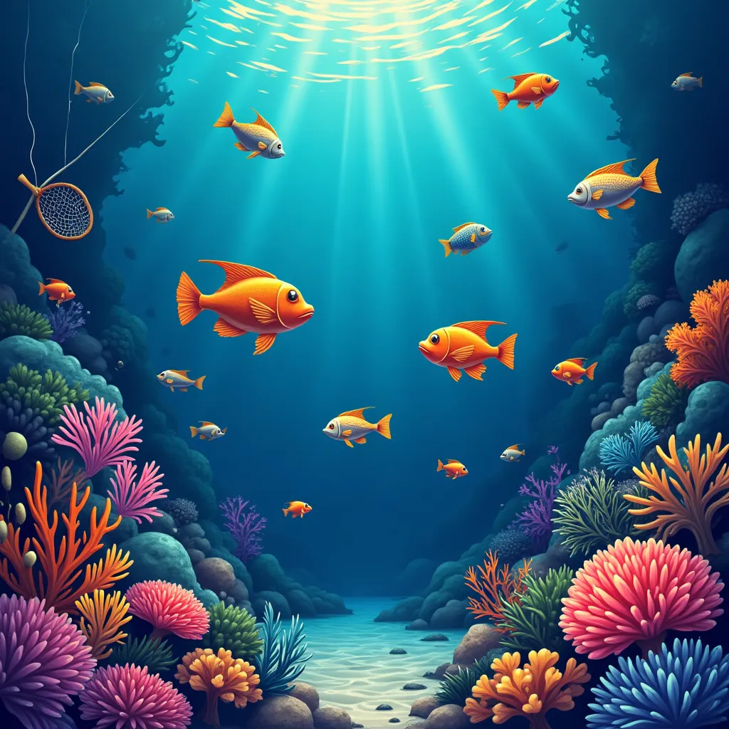 Cartoon underwater fishing arcade scene with neon fish